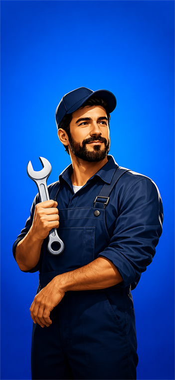 The GetHired app splash screen: a workman in a cap and boiler suit holding a spanner, on a royal-blue background.